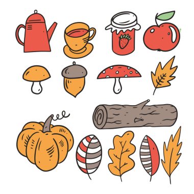 Sonbahar seti, fincan, çaydanlık, reçel, odun, yaprak, balkabağı, fındık ve yapraklar. Çizgi sanatı.