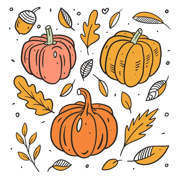 Pumpkins set and autumn leaves. Line art colorful style. — Stock Vector