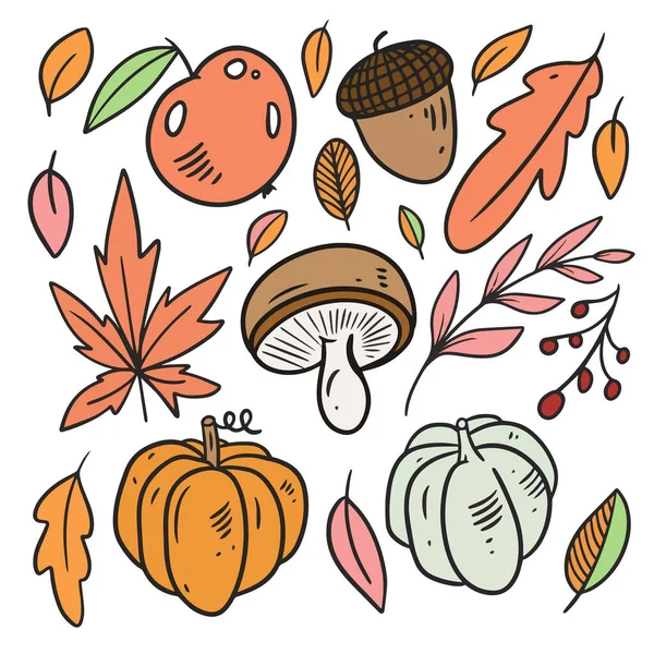 Elementos de otoño establecidos. Hojas, calabaza, manzana. Línea de arte estilo colorido. — Archivo Imágenes Vectoriales