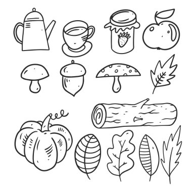 Sonbahar seti. Mevsimler selamlama unsurları. Siyah renkli sanat çizgisi çizimi.