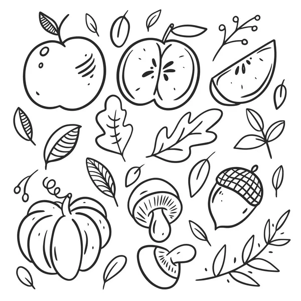 Elementos de outono definidos. Folhas, abóbora, maçã. Cor preta linha arte. — Vetor de Stock