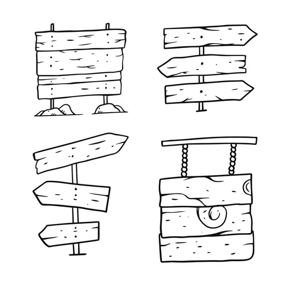 Sinais de madeira definidos. Desenhos animados mão desenhar coloração. Ilustração vetorial. — Vetor de Stock