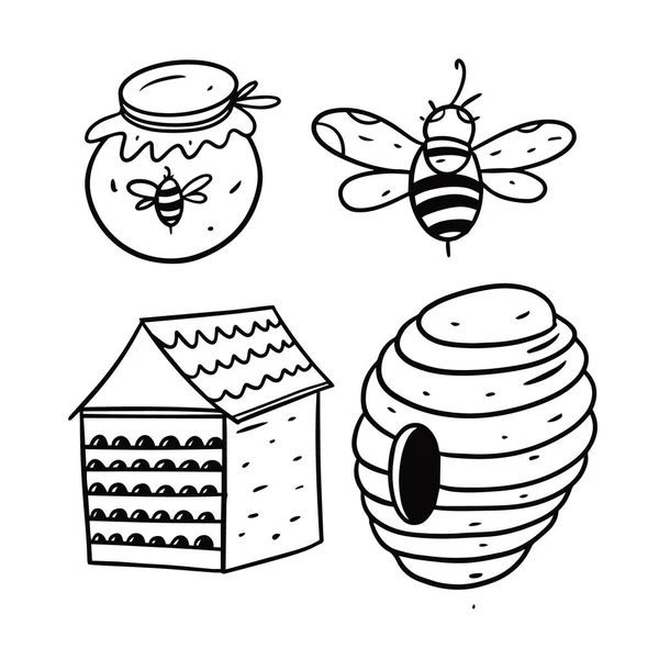 Miód i pszczoły. Kreskówka ręka rysować kolorowanki. Ilustracja wektora. — Wektor stockowy