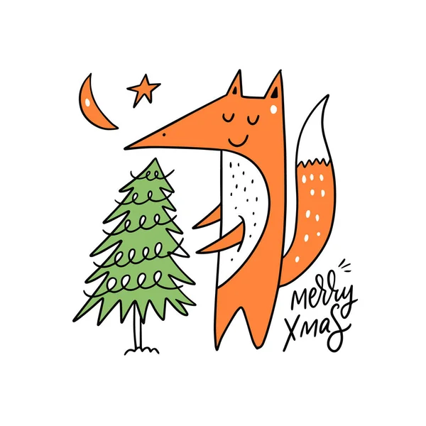 Vánoční liška a strom. Zimní prázdniny. Barevné kreslené vektorové ilustrace. — Stockový vektor