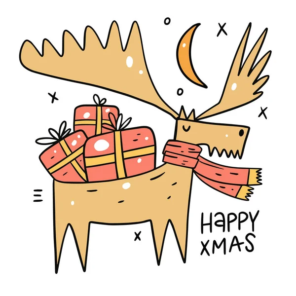 Vánoční jelen s dárky. Zimní prázdniny. Barevné kreslené vektorové ilustrace — Stockový vektor