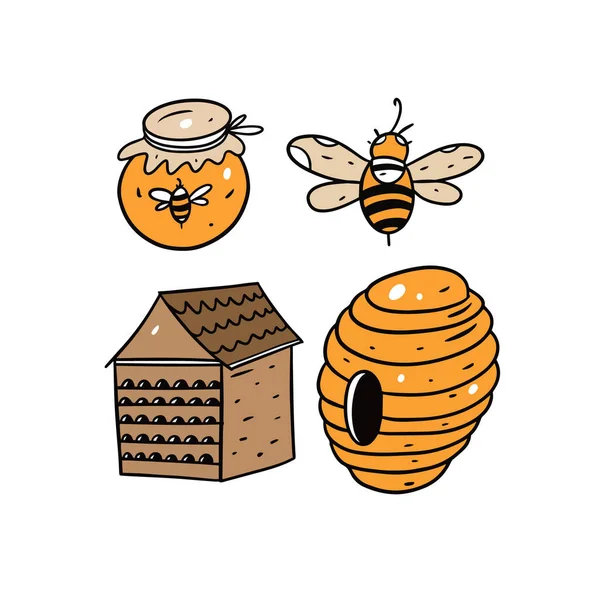 Conjunto de desenho de mel e abelha. Ilustração do vetor doodle colorido. — Vetor de Stock