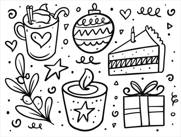 Vánoční svátky. Dárek, míč, svíčka a dort. — Stockový vektor