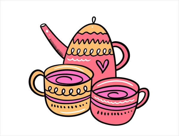Tea time or ceremony. Colorful two cup and teapot. — Stock Vector