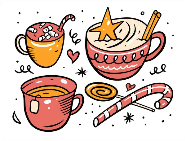 Bebidas coloridas tazas o tazas. Elementos de Navidad. Estilo garabato dibujado a mano. — Archivo Imágenes Vectoriales