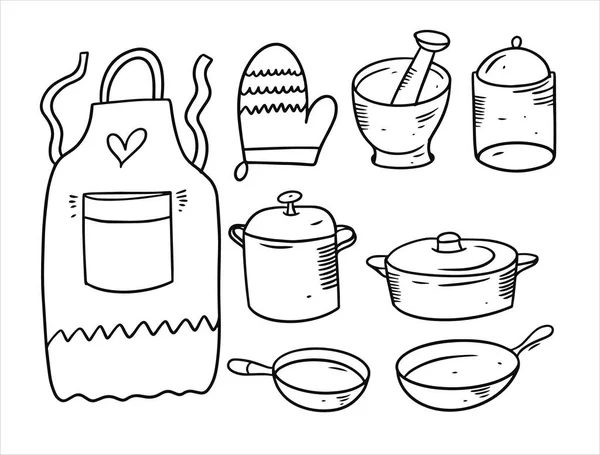 Zestaw kuchennych elementów doodle. Czarny kolor ręka rysunek szkic. — Wektor stockowy