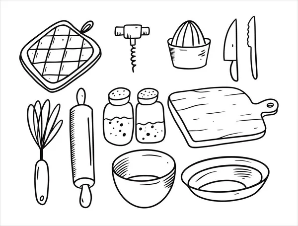 Sprzęt kuchenny gotowy. Ręczne rysowanie doodles czarne obiekty. — Wektor stockowy