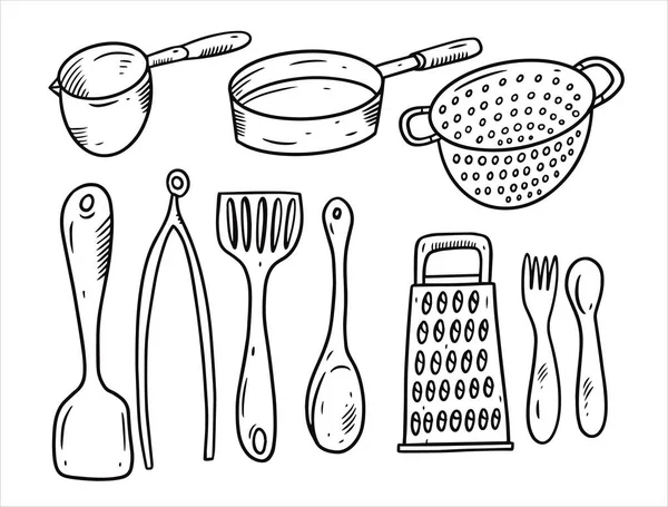 Mutfak aletleri, karalama elementleri. El çizimi tarzı. — Stok Vektör