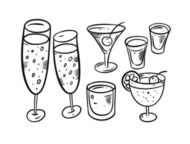 Alkol, nesnelerin setini içer. Siyah renkli karalama elementleri.