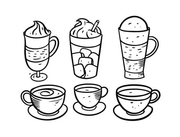 Bevande e set da caffè. Disegno a mano colore nero. Illustrazione vettoriale in stile Doodle. — Vettoriale Stock