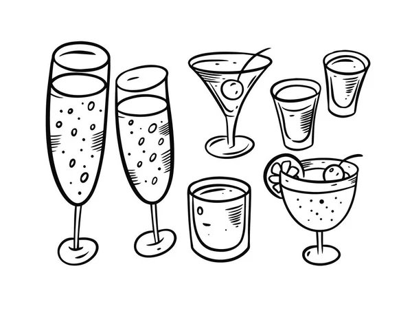 Alcool boissons objets fixés. Éléments doodle de couleur noire. — Image vectorielle