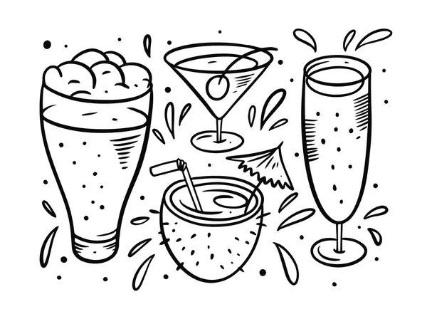 Handzeichnung schwarze Farbe. Bier und Cocktails Illustrationsset. Vektorstil. — Stockvektor