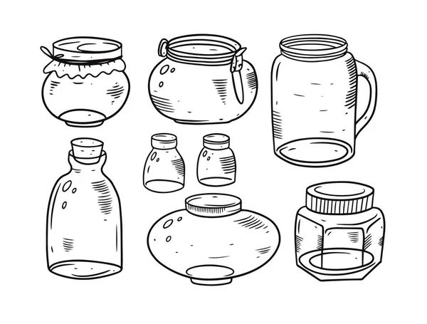 Pots en verre à dessin à la main ensemble. Couleurs noir et blanc. — Image vectorielle