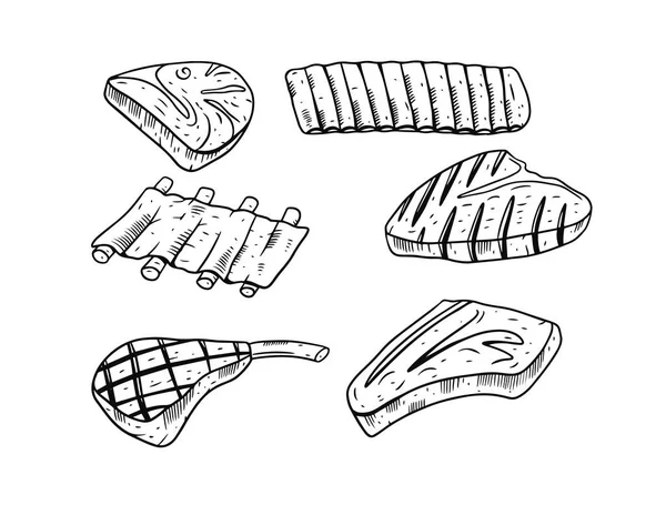 Bife de carne de vaca pronto. Estilo de gravura. Desenho à mão cores preto e branco. — Vetor de Stock