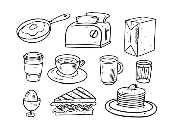 Set di elementi scarabocchi per la colazione. Illustrazione vettoriale di disegno a mano. Stile cartone animato. — Vettoriale Stock