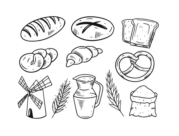 Bakery elements set. Hand drawing black and white colors. — Stock Vector