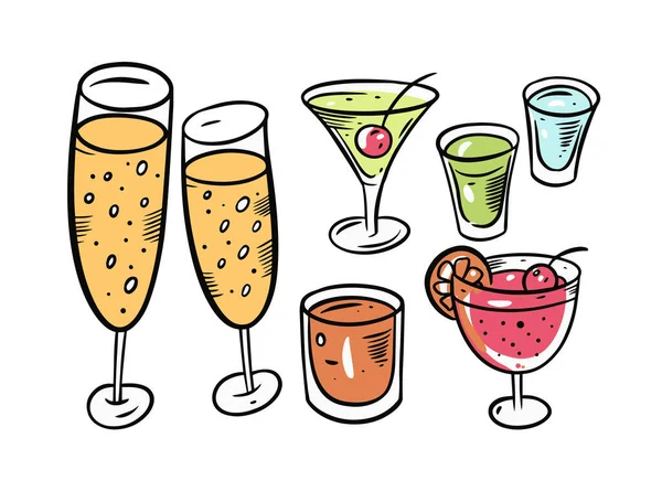 Coffret champagne et cocktails. Cartoon style doodle — Image vectorielle