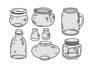 Gözlük kavanozları hazır. Kabartma vektör illüstrasyonu. Taslak çizim biçimi.