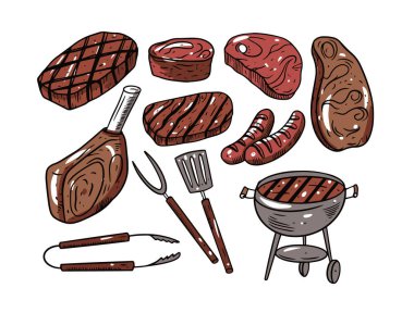 BBQ et el çizimi. Renkli gravür stili. Taslak vektör illüstrasyonu.