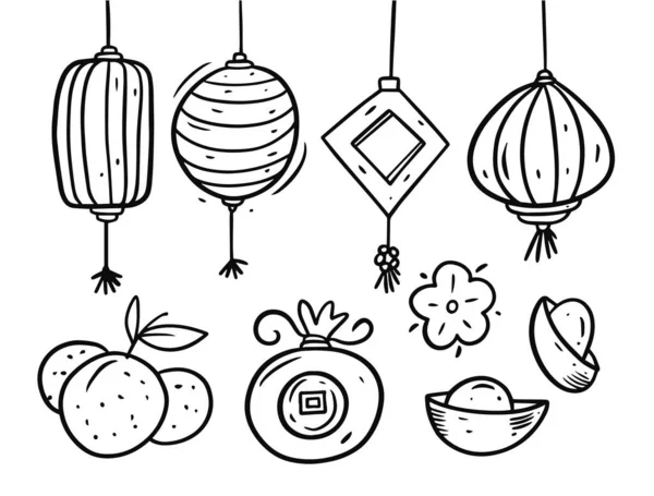 Ano Novo Chinês doodle elements set. Cores preto e branco ilustração vetorial. — Vetor de Stock