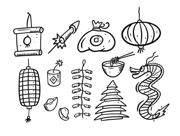 Ano Novo Chinês muitos elementos. Cor preta estilo dos desenhos animados. Desenho ilustração vetorial. — Vetor de Stock