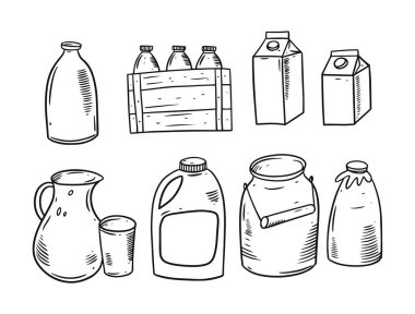 Süt paketi. Şişe, kavanoz, paket. Siyah ve beyaz renk vektörü çizimi.
