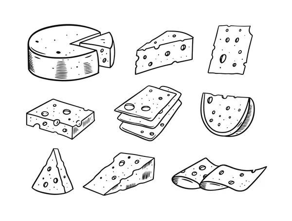 Set de sorteo a mano de queso. Colores blanco y negro. Estilo de grabado. — Archivo Imágenes Vectoriales