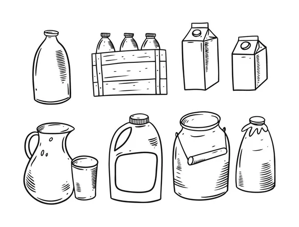 Melkpakket. Fles, pot, inpakken. Zwart en wit kleur vector illustratie. — Stockvector