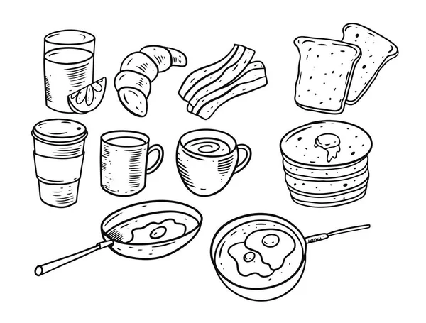 Set di prodotti per la colazione. Illustrazione vettoriale schizzo disegno a mano. — Vettoriale Stock