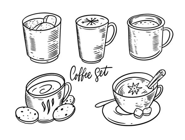 Set de té y café de invierno. Dibuje a mano ilustración vector. Color negro. — Archivo Imágenes Vectoriales
