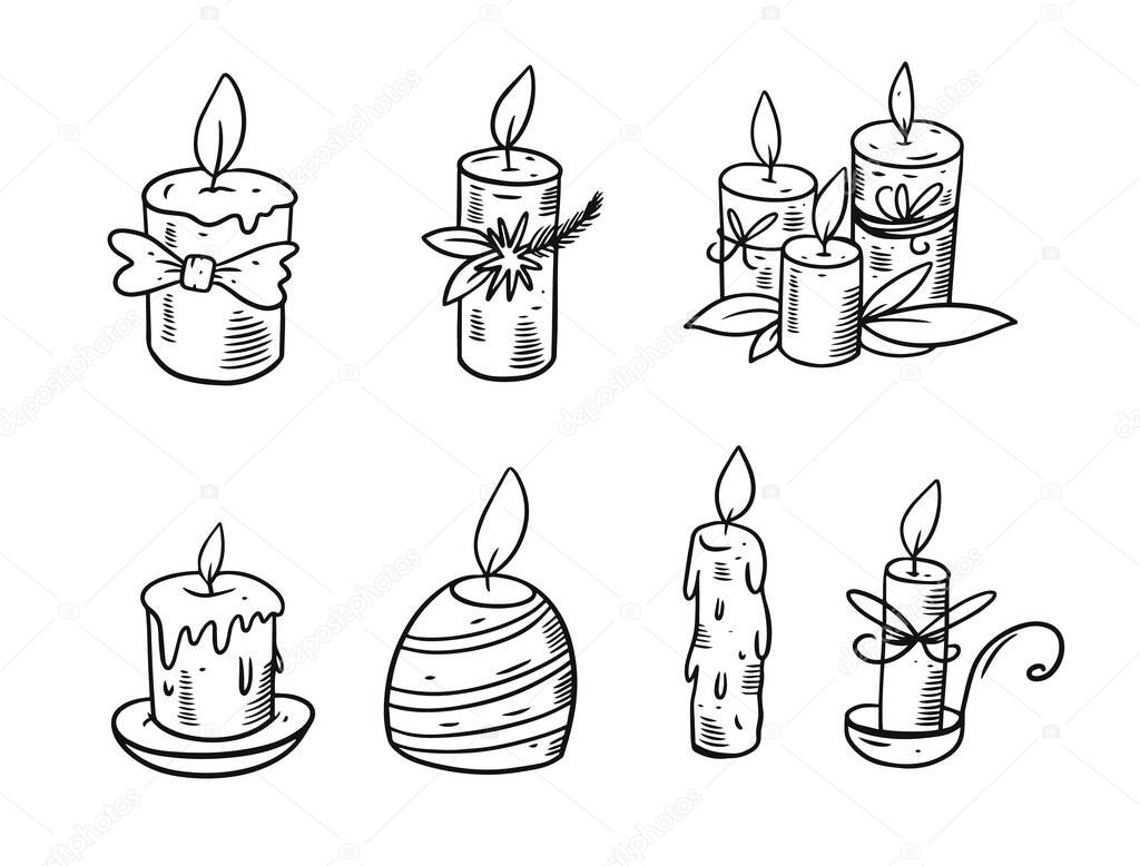 Hand drawing candles set. Black and white colors. Engraving style.