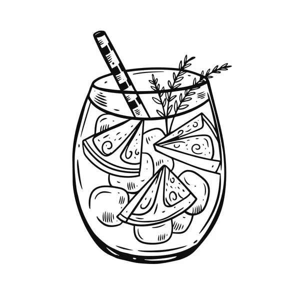 Cocktail de dessin à la main avec tranche de citron et romarin. Style de gravure de couleur noire. Boisson estivale fraîche. — Image vectorielle