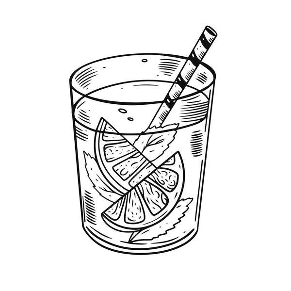 Met de hand te tekenen cocktail met sinaasappel en munt. Zwarte kleur graveren stijl. — Stockvector