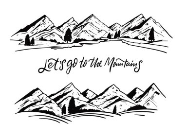 Dağlar manzaralı. Siyah oyma stili. Vektör illüstrasyonu.