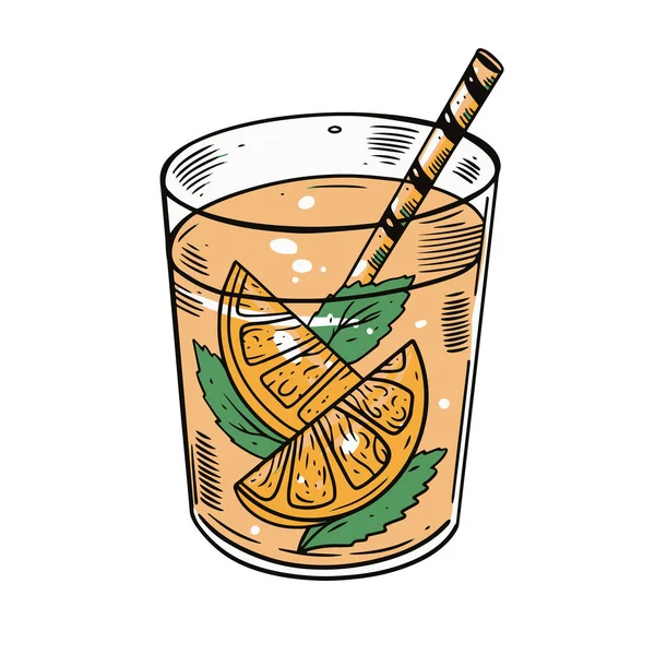 Cocktail orange coloré avec tube et menthe. Dessin à la main dessin vectoriel illustration. — Image vectorielle