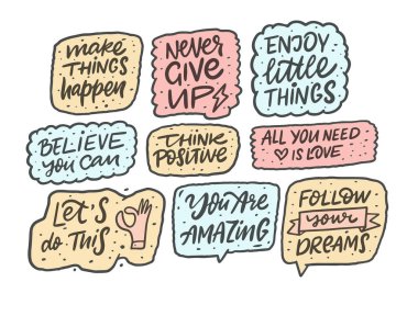 El çizimi kaligrafi motivasyon ifadeleri ayarlandı. Doodle tarzı.