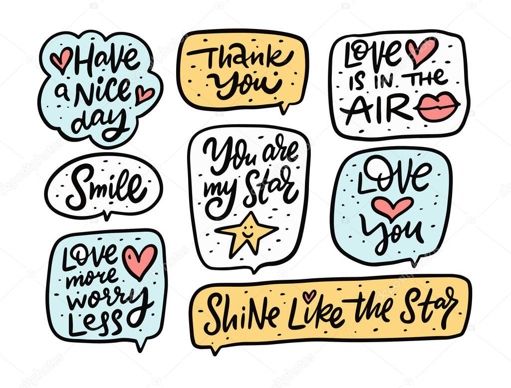 Cute motivational doodle phrases set. Handwritten calligraphy style. Quote in frames.