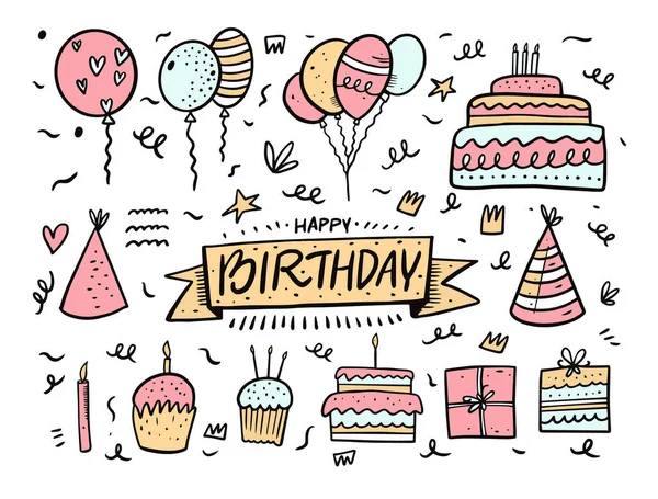 Feliz Aniversário doodle vetor ilustração. Estilo de desenho animado colorido. —  Vetores de Stock