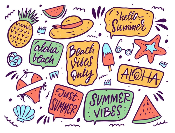 Summer doodle set big elements. Hand drawn colorful vector illustration. Lettering phrases. — Stock Vector