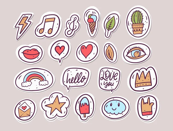 Doodle trendy badges en stickers. Stripkleurige stijl. — Stockvector