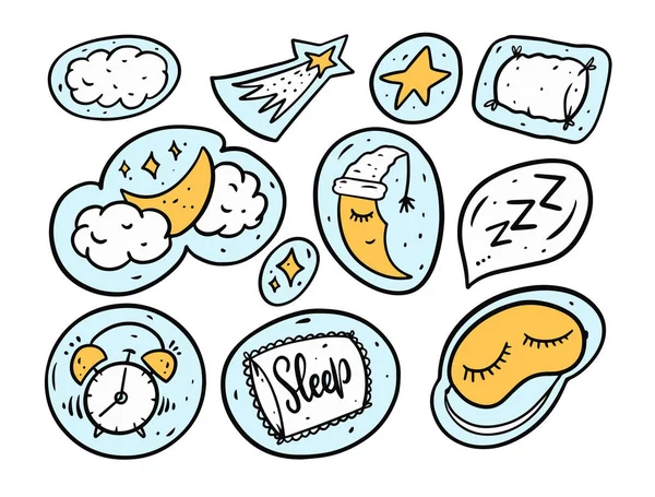 Sleep and dream doodle bubbles set. Hand drawn text and signs. — Stock Vector