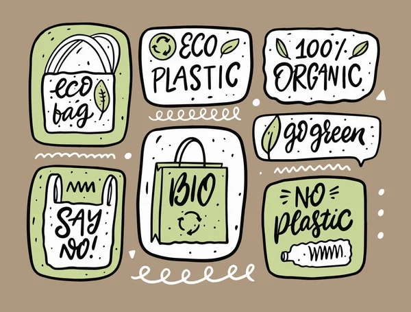 Elementy zestawu Eco, Organic i Natural doodle. Ręcznie rysowane kreskówki styl. — Wektor stockowy