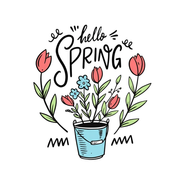 Merhaba bahar ve çiçek kovada. El çizimi çizgi film tarzı — Stok Vektör