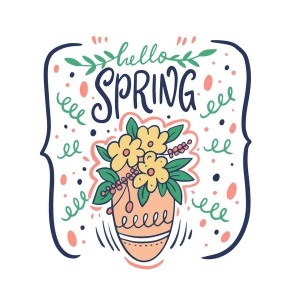 Hallo Frühling und Blumentopf. Handgezeichnete Doodle Cartoon Vektor Illustration. — Stockvektor