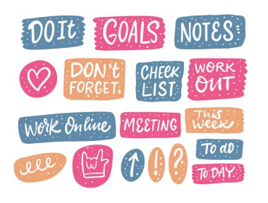 Renkli çıkartmalar ayarlanmış çalışma ifadeleri. Doodle biçim vektör illüstrasyonu.