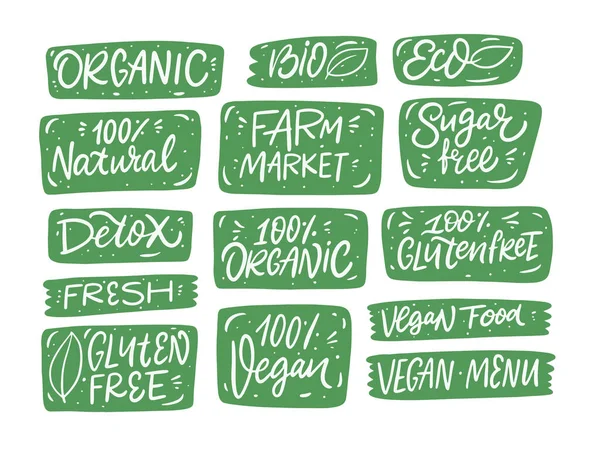 Produtos naturais e orgânicos. Conjunto de frases caligráficas desenhadas à mão. Desintoxicação, glúten, bio e palavras veganas. — Vetor de Stock